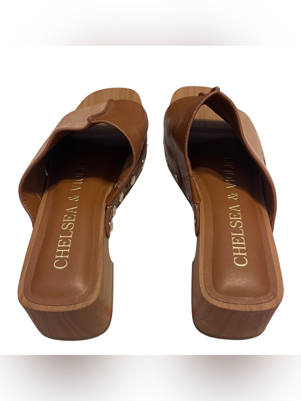 Chelsea & Violet Two-Tone Brown and Tan Leather Slide Platform Mules - Picture 8 of 10